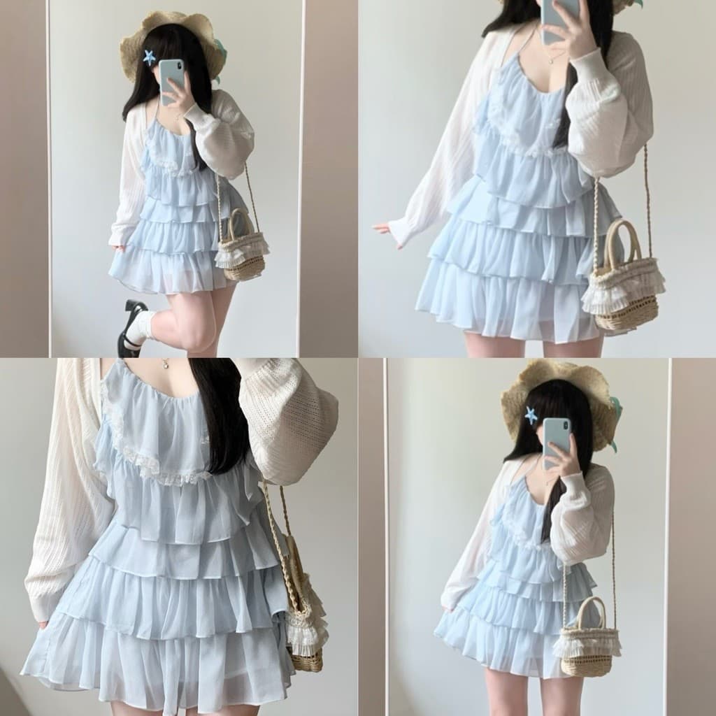 SẴN [BIGSIZE L-4XL] Đầm Voan Xanh Bigsize Hai Dây Nữ Dáng Ngắn Cổ Yếm Buộc Dây Nhiều Tầng Dễ Thương