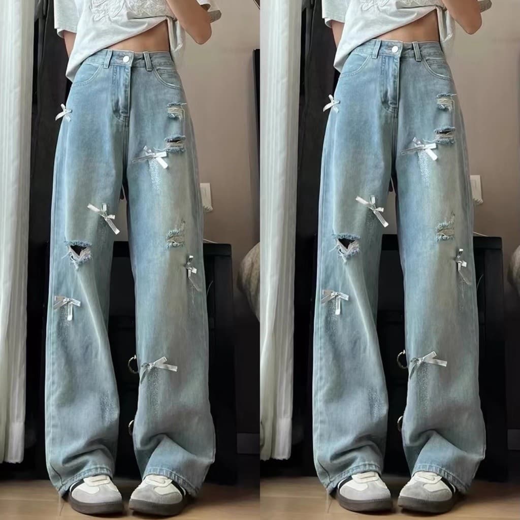 SẴN [Bigsize 55-100kg] Quần jean ống rộng nơ Bigsize nữ đi chơi eo cao dài mùa thu 2025 (5537)