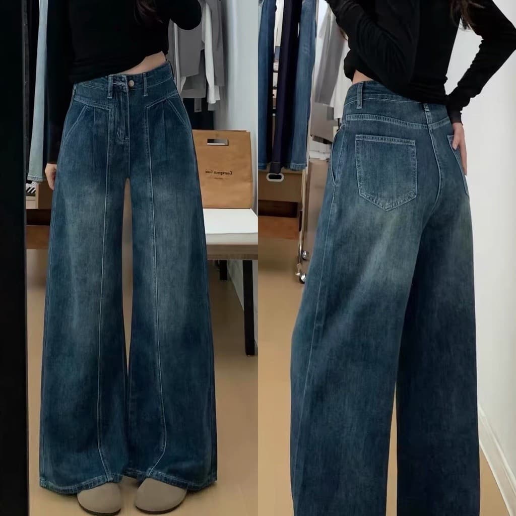SẴN [BIGSIZE XL-5XL] Quần Jeans Bigsize Nữ Ống Suông Màu Xanh Đậm Thiết Kế Line Phối Wash Phong Cách 2025 (270)