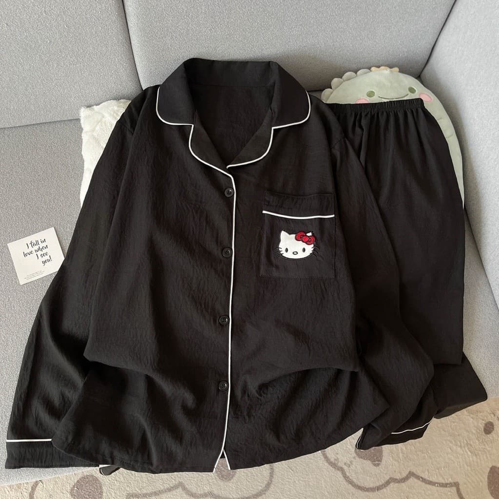 SẴN VÀNG HỒNG [BIGSIZE 2XL-6XL] Bộ Đồ Ngủ Bigsize Nữ Dài Tay Hoạ Tiết Thêu Hello Kitty  Dễ Thương Thu Đông 2026