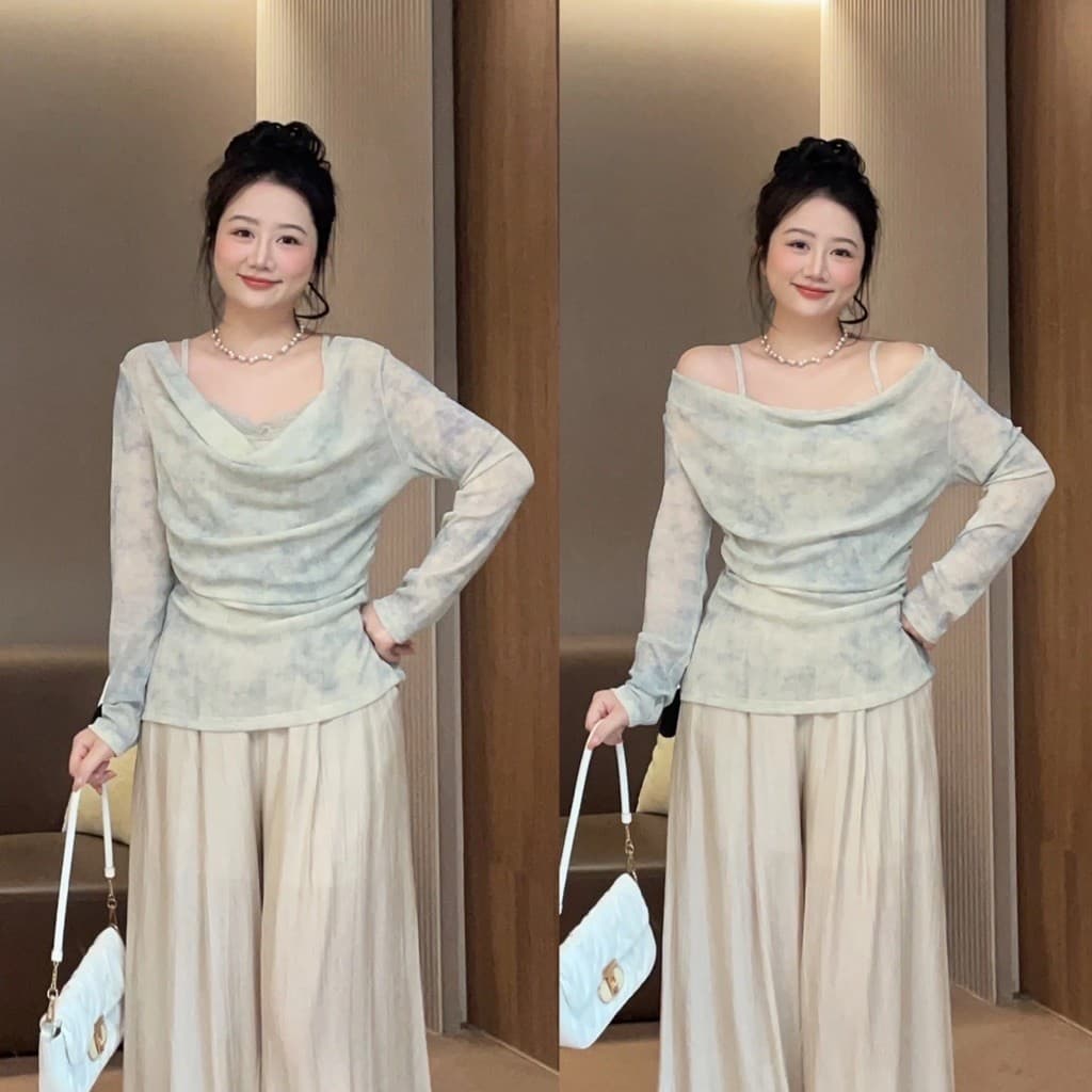 [BIGSIZE L-4XL] Áo Thun Nữ Bigsize Cổ Đổ Tay Dài Họa Tiết Loang Xanh Xám Dáng Ôm Nhẹ Tôn Dáng Phong Cách Hàn Quốc