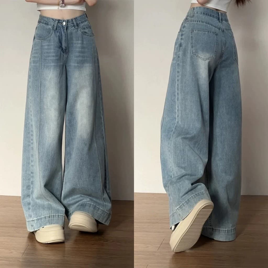 [BIGSIZE L-5XL] Quần Jeans Bigsize Nữ Wash Xanh Sáng Ống Siêu Rộng Cạp Cao Dáng Dài Lai May Bản Lớn Tôn Dáng