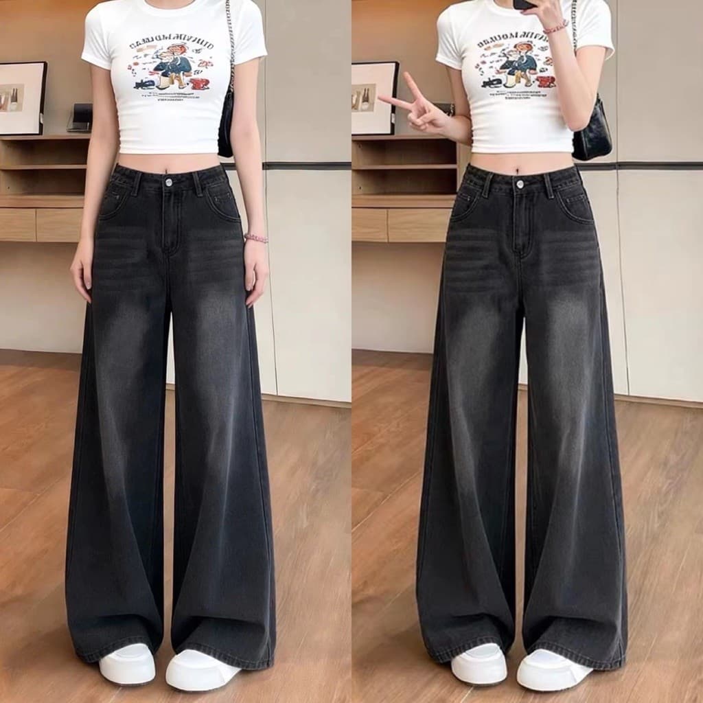 (SẴN LXL4XL) Quần Jeans Đen Bigsize 55-120kg Ống Rộng Form Dài đi học đi chơi mặc hàng ngày 2025