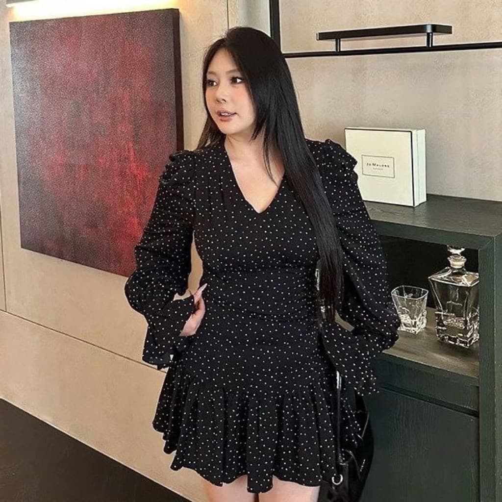 [BIGSIZE L-4XL] Đầm Bigsize Nữ Cổ Nhọn Tay Dài Bồng Dáng Chữ A Váy Liền Thân Tiểu Thư