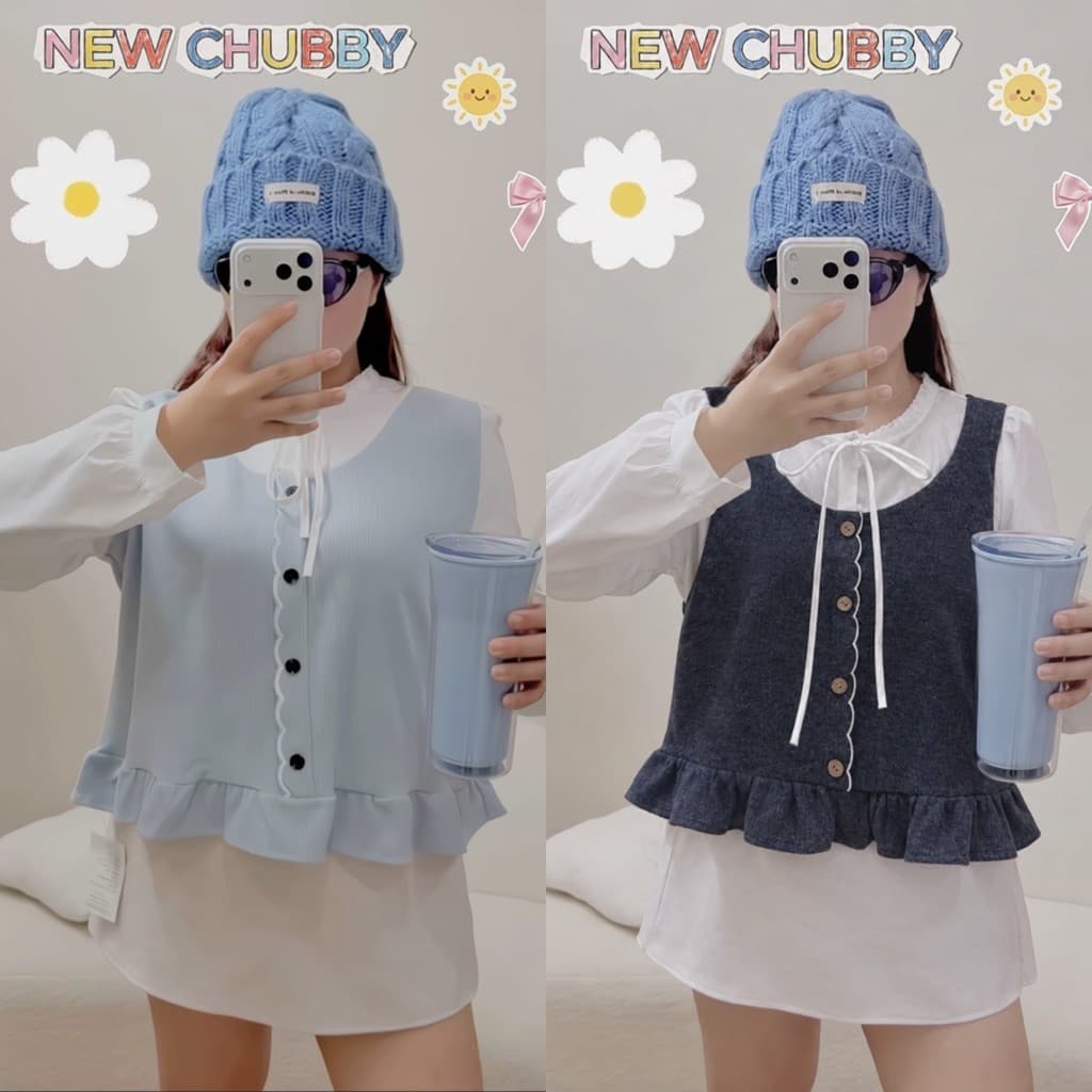 SẴN [BIGSIZE L-4XL] Áo Thun Bigsize Nữ Dài Tay Cổ Tròn Phối Viền Caro Gingham Thắt Nơ Phối Layer Bèo Nữ Tính