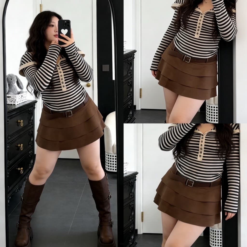 [BIGSIZE L-4XL]Chân Váy Nữ Bigsize Mini Màu Nâu Dáng Chữ A Nhiều Lớp Tôn Dáng 2026