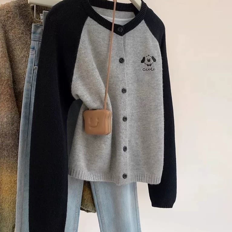 BIGSIZE L-4XL] Áo Cardigan Len Kiểu Basic Bigsize Nữ Dài Tay Màu Xám phối Tay Đậm Cổ Tròn 2026