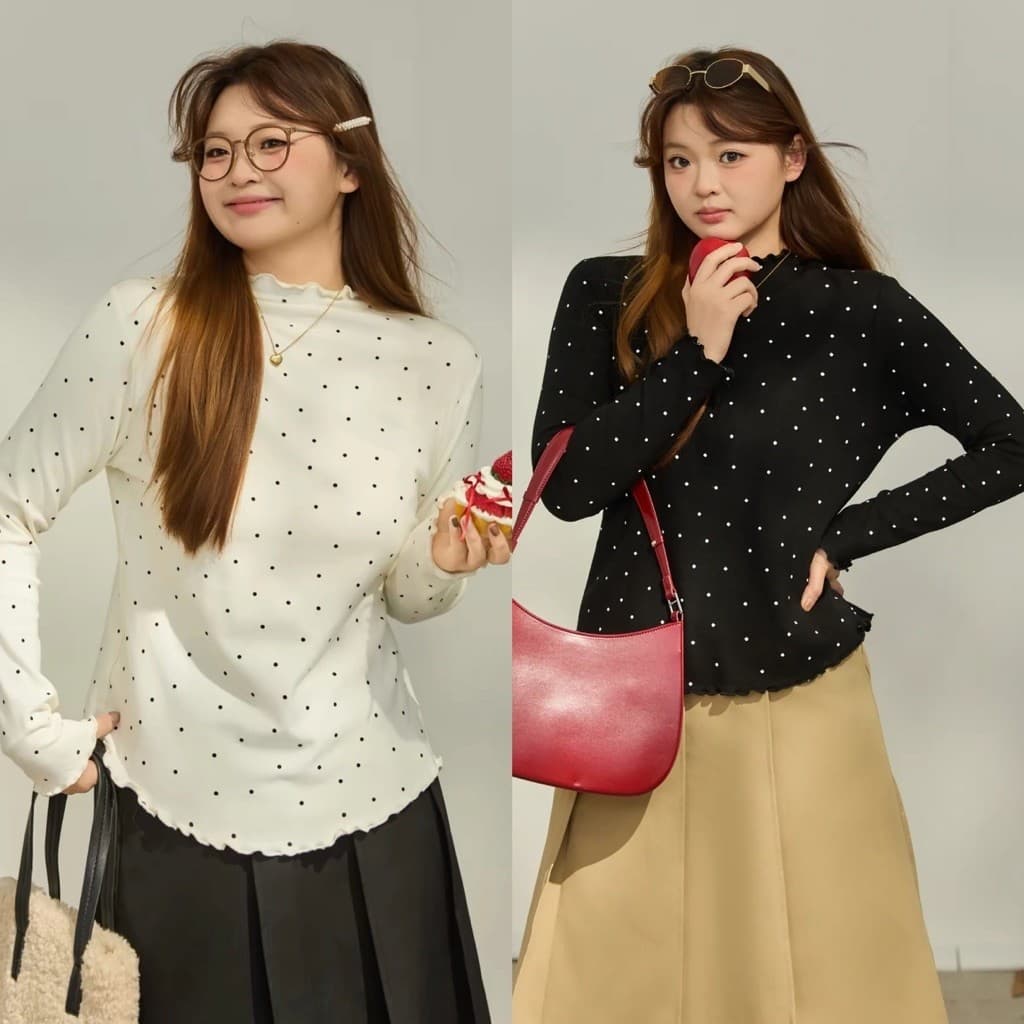 [BIGSIZE L-4XL] Áo Thun Bigsize Nữ Dài Tay Lót Nỉ Cổ Lọ Viền Bèo Họa Tiết Chấm Bi Đen Trắng Thu Đông Co Giãn 2026