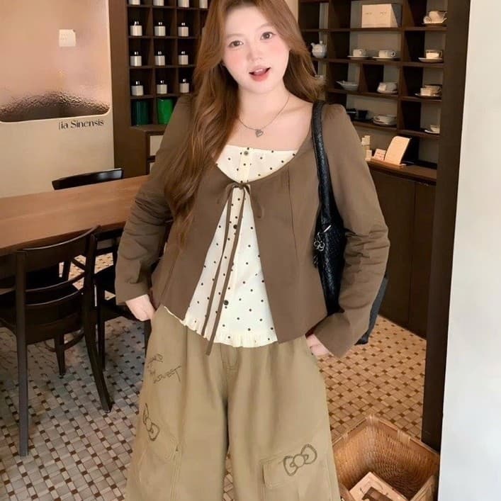 [BIGSIZE L-4XL] Áo Kiểu Bigsize Nữ Dài Tay Phối Chấm Bi Cổ Vuông Phối Áo Khoác Mỏng Buộc Nơ Nữ Tính 2026