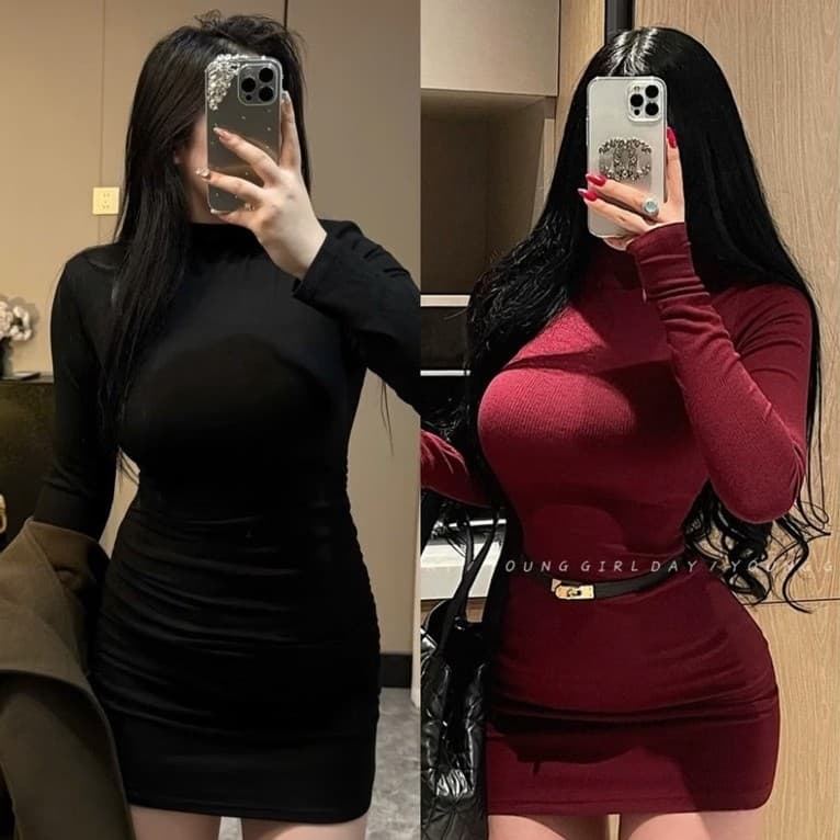 [BIGSIZE L-4XL] Đầm Ôm Body Bigsize Nữ Dài Tay Cổ Lọ Xếp Nhún Eo Hông Co Giãn Màu Đen Đỏ Tôn Dáng Thời Trang 2026