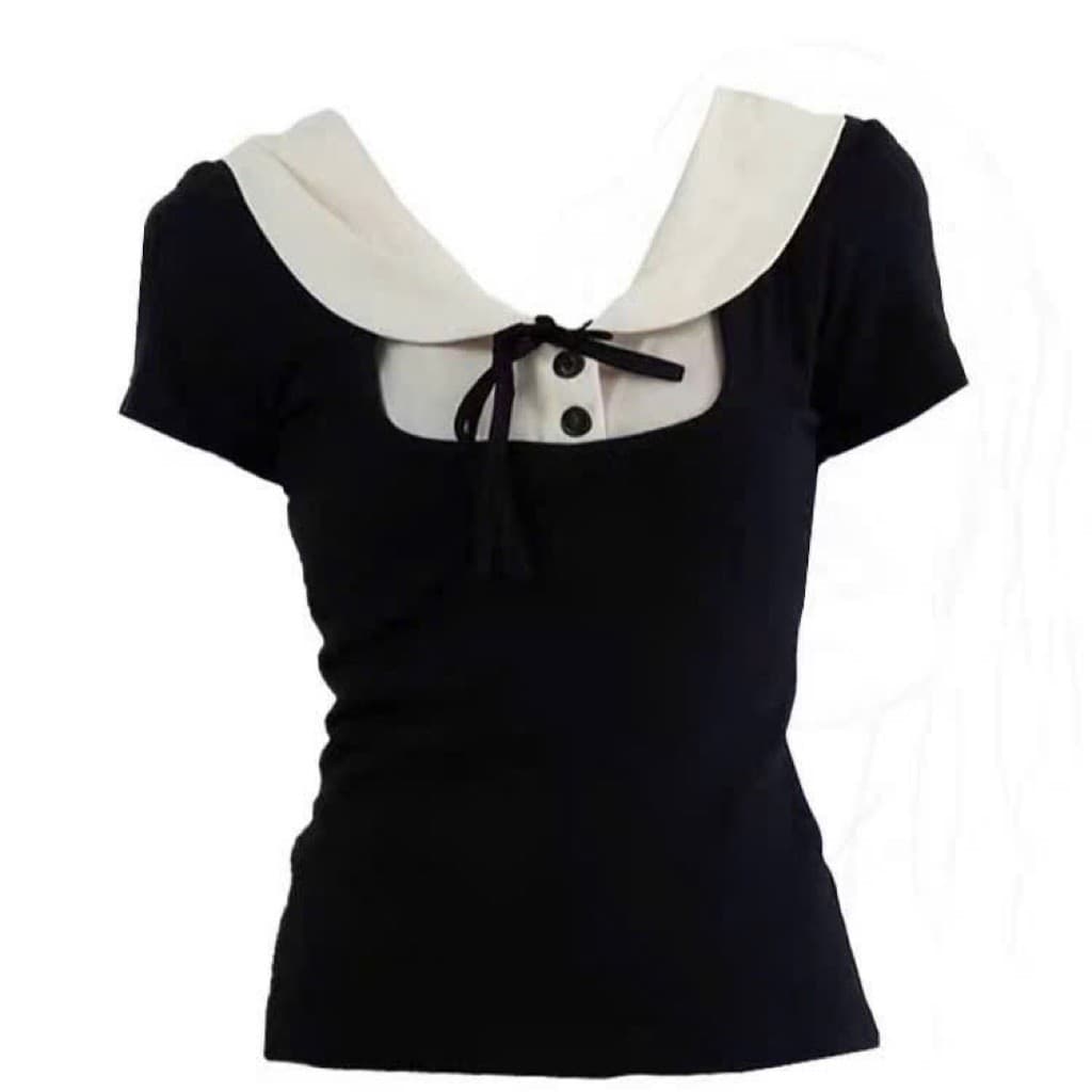 [BIGSIZE L-4XL] Áo Kiểu Bigsize Nữ Tay Ngắn Cổ Sen Phối Trắng Thắt Nơ Đính Cúc Phong Cách Hàn Quốc 2026