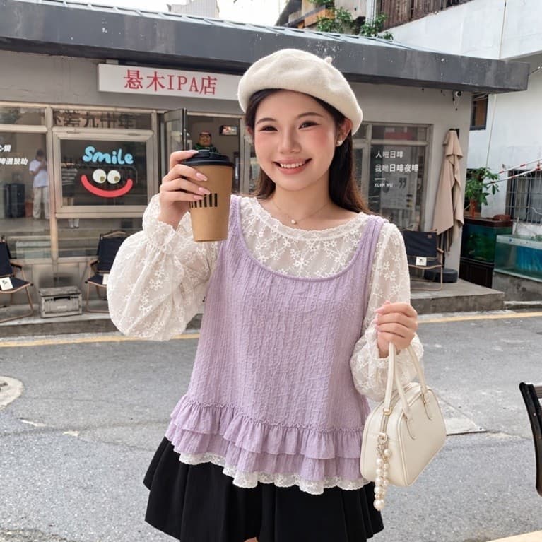 [BIGSIZE L-4XL] Áo Kiểu Bigsize Nữ Phối Ren Màu Trắng Tím Dài Tay Hai Lớp Gấu Bèo Tầng Dáng Rộng Thu Đông 2026