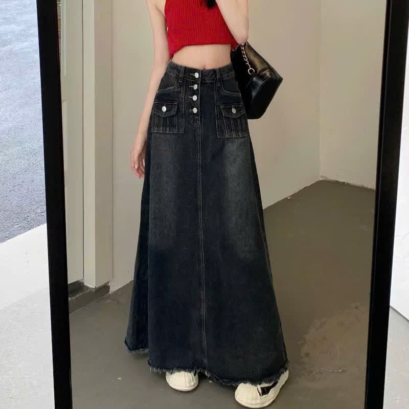SẴN 45XL [Bigsize 55-90kg] Chân Váy Jeans Dài Cạp Cao Màu Đậm Thiết Kế Túi Hộp Cá Tính Chất Bò Hot Trend 2025 (686)
