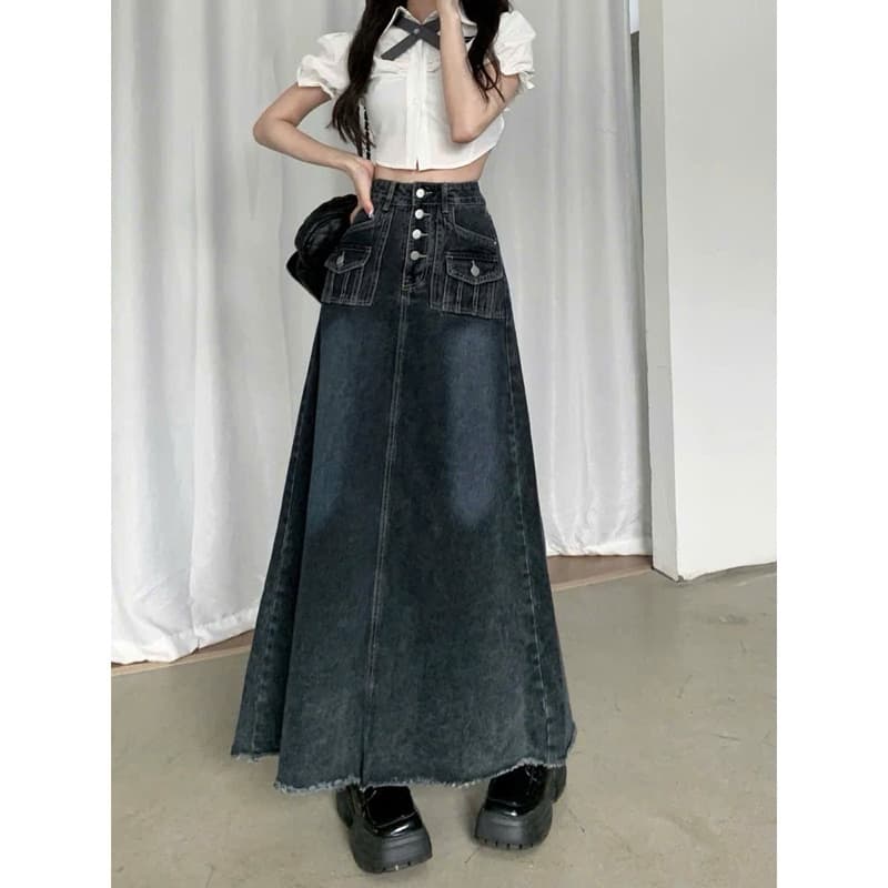 SẴN 45XL [Bigsize 55-90kg] Chân Váy Jeans Dài Cạp Cao Màu Đậm Thiết Kế Túi Hộp Cá Tính Chất Bò Hot Trend 2025 (686)