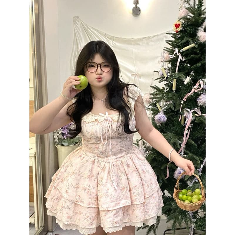 [BIGSIZE L - 4XL]Đầm Babydoll Nữ Bigsize Trễ Vai Hoa Nhí QCCC Hai Tầng Phối Ren Màu Hồng Nhạt Cho Nàng Bigsize