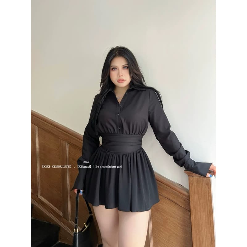 SẴN 134XL [Bigsize 55-90KG] Đầm sơ mi đen Bigsize nữ sang chảnh đi chơi dự tiệc 2024