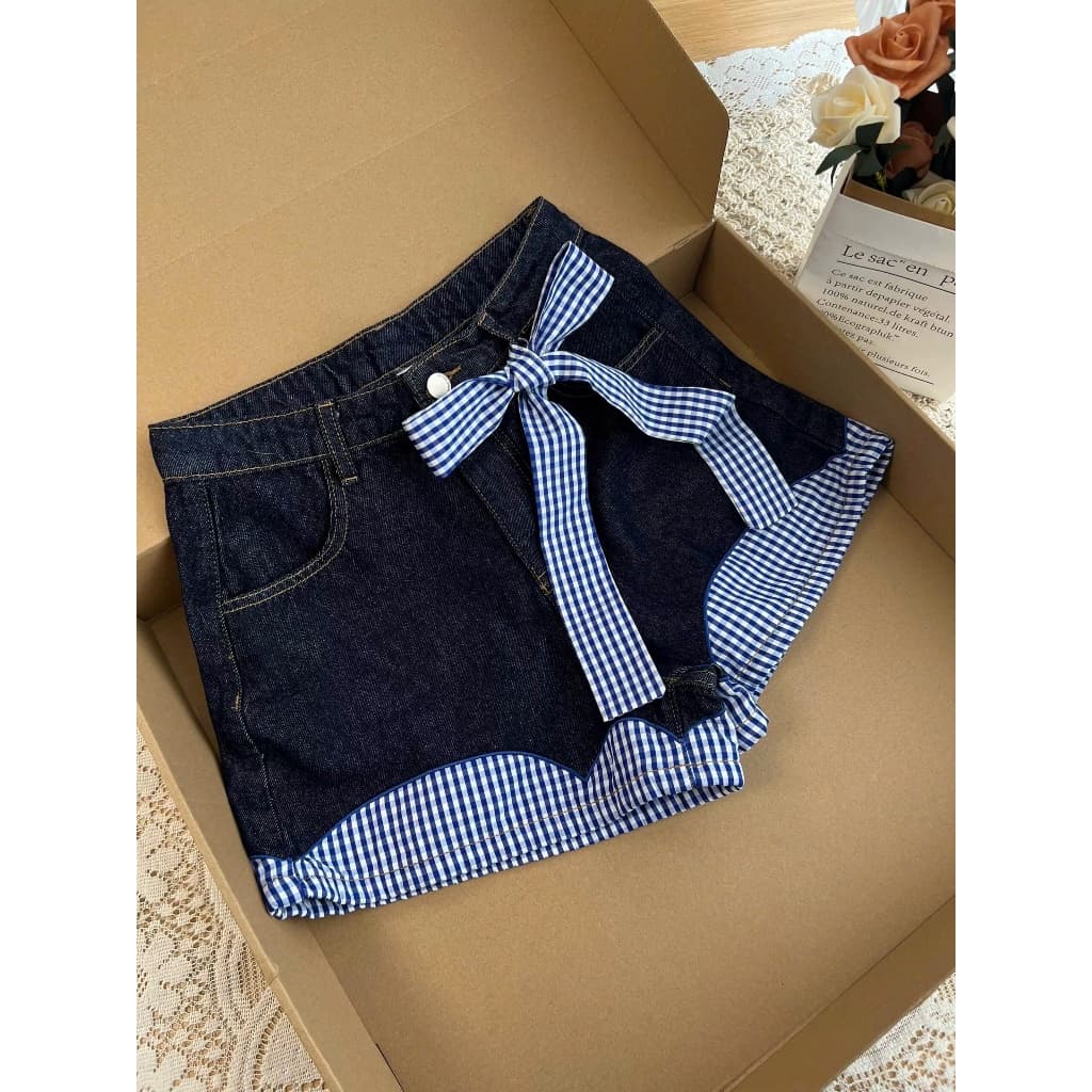 SẴN [Bigsize 70kg - 120kg] Quần Short Jeans Bigsize Nữ Phối Caro Nơ Mùa Hè  Siêu Xinh