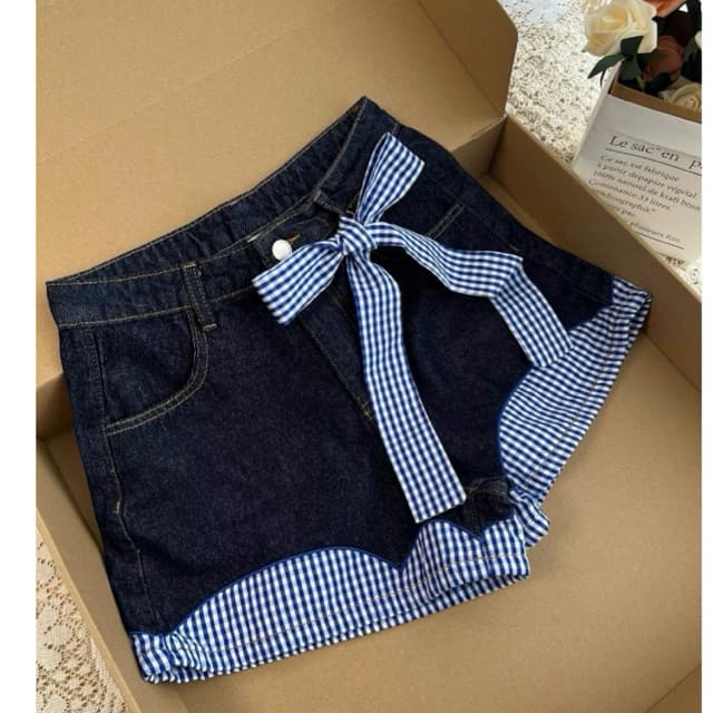 SẴN [Bigsize 70kg - 120kg] Quần Short Jeans Bigsize Nữ Phối Caro Nơ Mùa Hè  Siêu Xinh