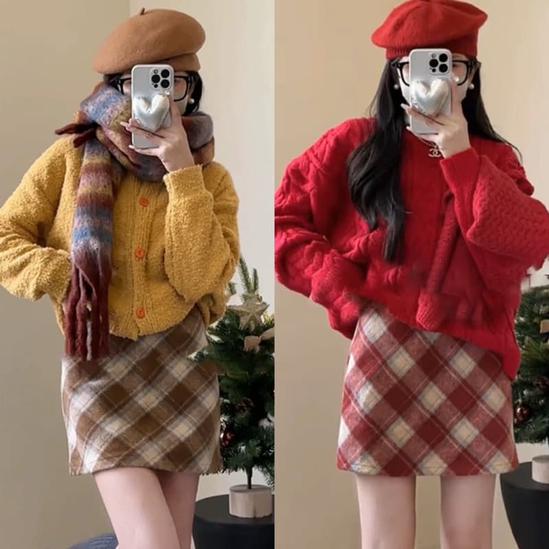 SẴN [Bigsize L-4XL] Chân Váy Dạ Bigsize sọc caro đỏ nâu dành cho hằng ngày đi chơi Thu Đông 2024
