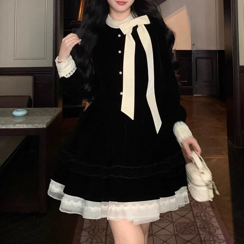 [BIGSIZE 55-100kg]Đầm Bigsize nữ dự tiệc dài tay đen nhung cột nơ sang trọng hot 2024