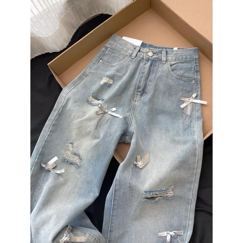 SẴN [Bigsize 55-100kg] Quần jean ống rộng nơ Bigsize nữ đi chơi eo cao dài mùa thu 2025 (5537)