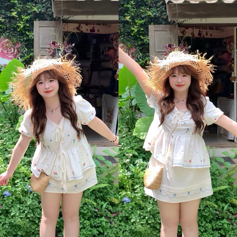 [Bigsize L – 4XL] Set Áo Váy Nữ Bigsize Babydoll Tay Phồng Mix Chân Váy Chữ A Thêu Hoa Vintage 2025