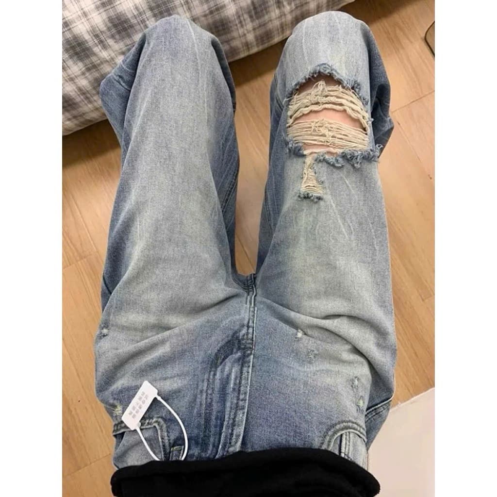 SẴN XL[BIGSIZE L - 4XL] QUẦN JEANS BIGSIZE ỐNG RỘNG RÁCH GỐI CÁ TÍNH FORM SIÊU XINH