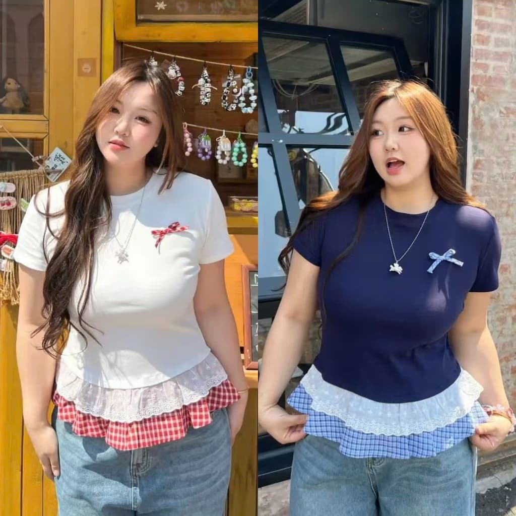 SẴN [BIGSIZE L - 4XL] Áo Thun Nữ Phối Bèo Bigsize Xanh Trắng Họa Tiết Caro Đa Màu Trendy 2025