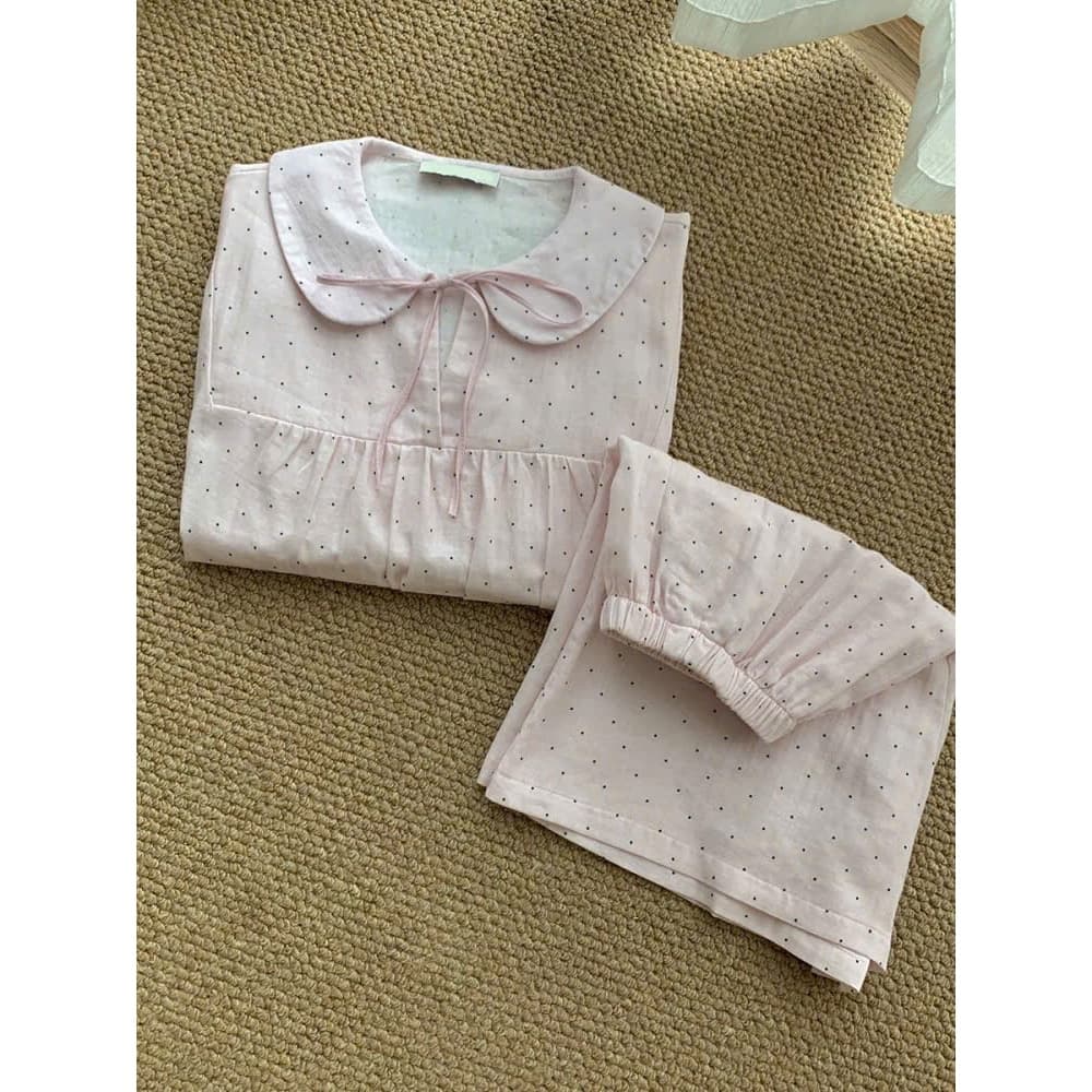 [BIGSIZE L-4XL] Bộ Đồ Ngủ Chấm Bi Hồng Pastel Cổ Peter Pan Phối Nơ Dễ Thương Mặc Ở Nhà Hoặc Dạo Phố Nhẹ