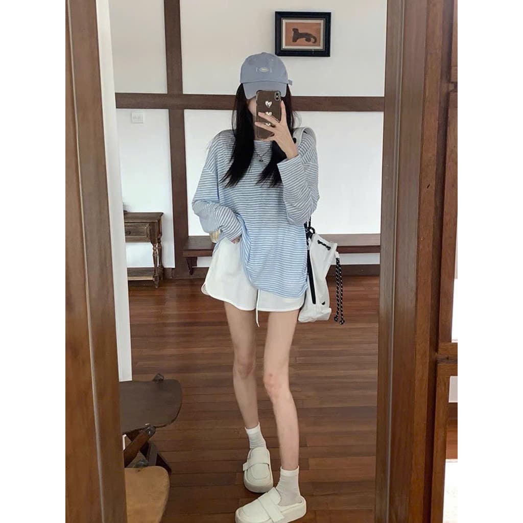 SẴN [BIGSIZE L-4XL] Áo Thun Mỏng Bigsize Nữ Dài Tay Cổ Tròn Kẻ Sọc Xanh Thiết Kế Hở Lưng Trẻ Trung
