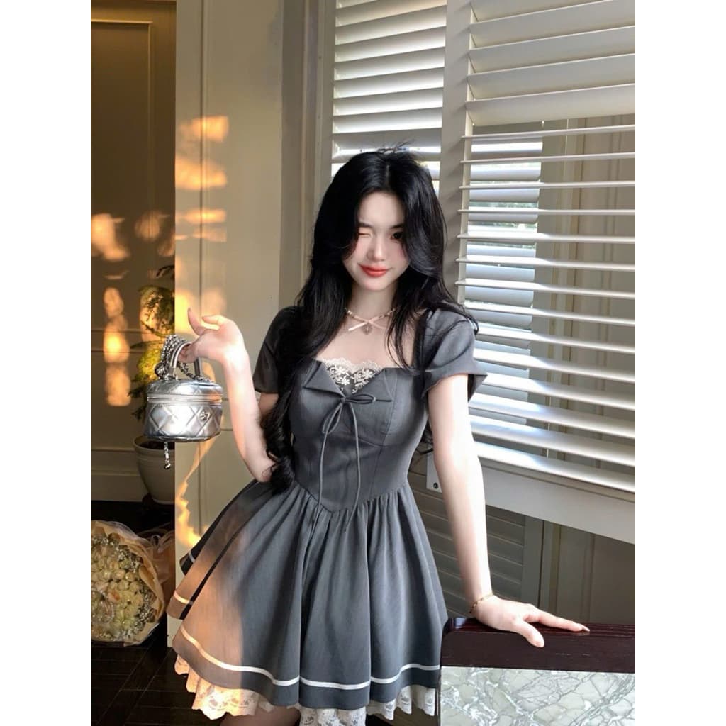 [BIGSIZE L-4XL] Đầm Bigsize Nữ Dáng Ngắn Tay Cổ Vuông Màu Xám Thiết Kế Xòe Tiểu Thư Thanh Lịch