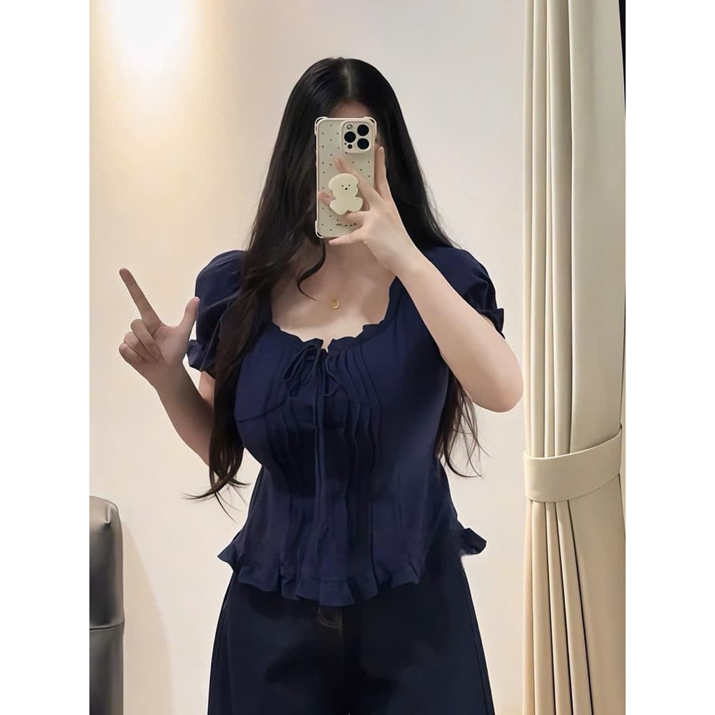 [BIGSIZE L-4XL] Áo Kiều Babydoll Bigsize Nữ Tay Phồng Chiết Eo Phối Ren Màu Xanh Navy Tôn Da Tôn Dáng