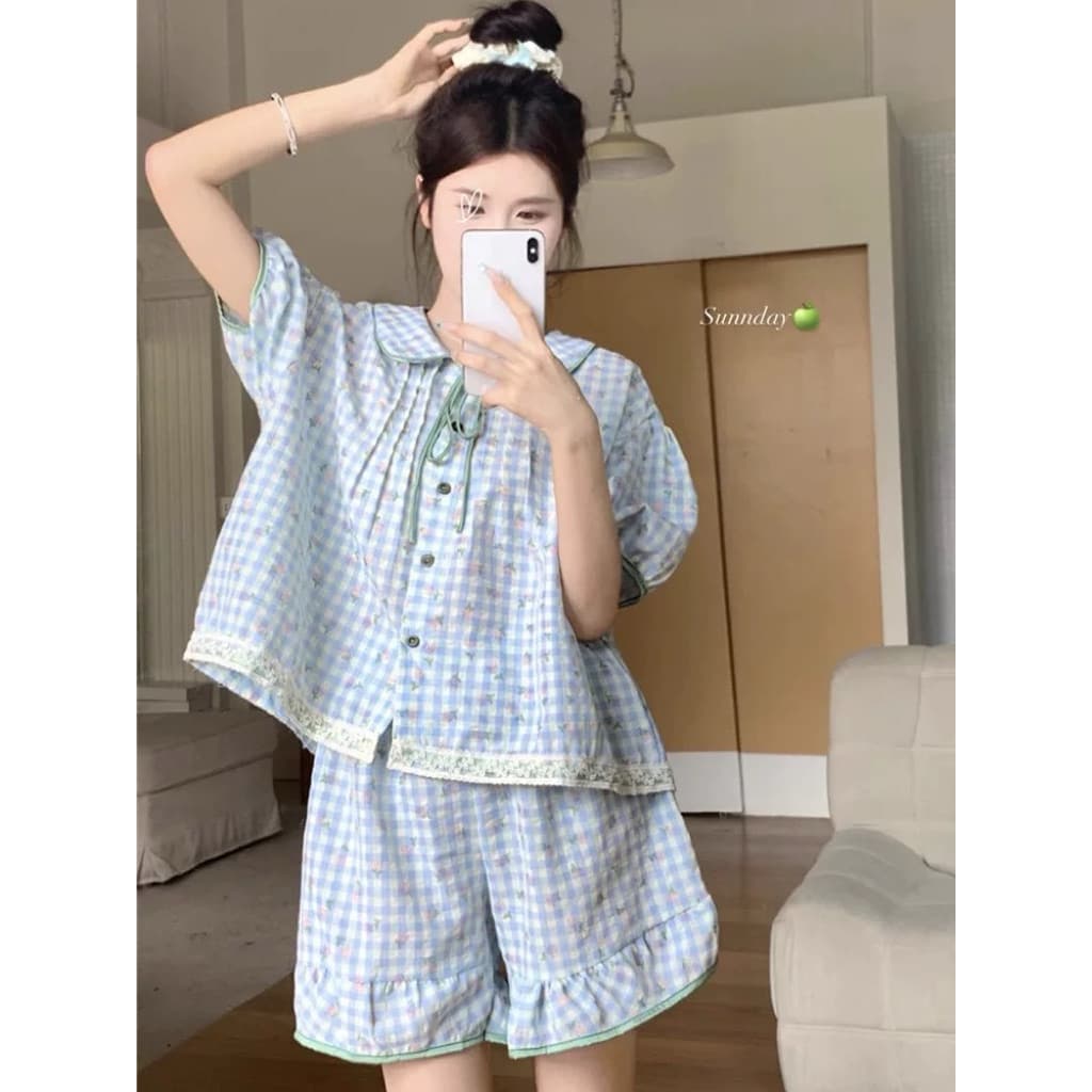 [BIGSIZE L-4XL] Bộ Đồ Ngủ Bigsize Nữ Tay Ngắn Caro Xanh Hoa Nhí Phối Viền Ren Phong Cách Tiểu Thư