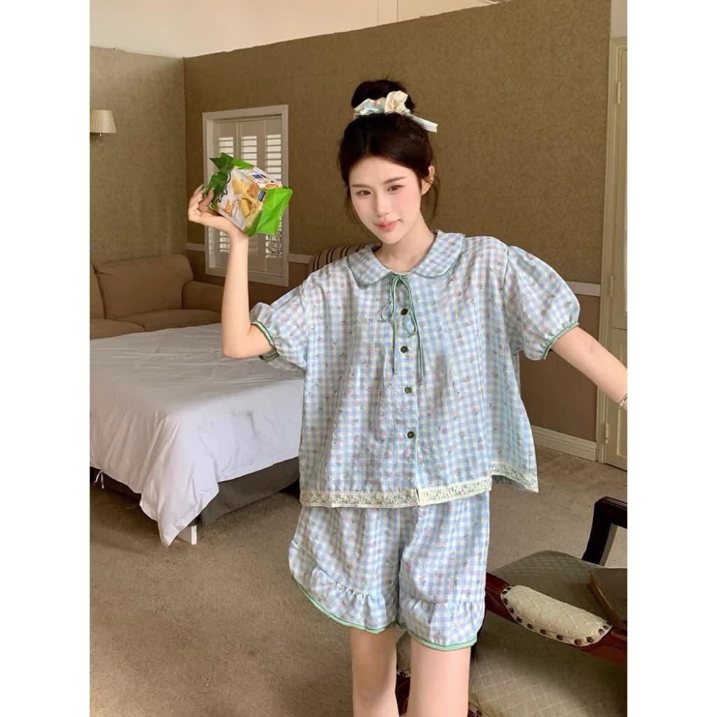 SẴN [BIGSIZE L-4XL] Bộ Đồ Ngủ Bigsize Nữ Tay Ngắn Caro Xanh Hoa Nhí Phối Viền Ren Phong Cách Tiểu Thư