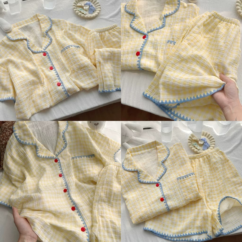 SẴN [BIGSIZE L-3XL] Bộ Đồ Ngủ Pijama Bigsize Nữ Tay Ngắn Kẻ Sọc Vàng Phối Viền Xanh Nổi Bật
