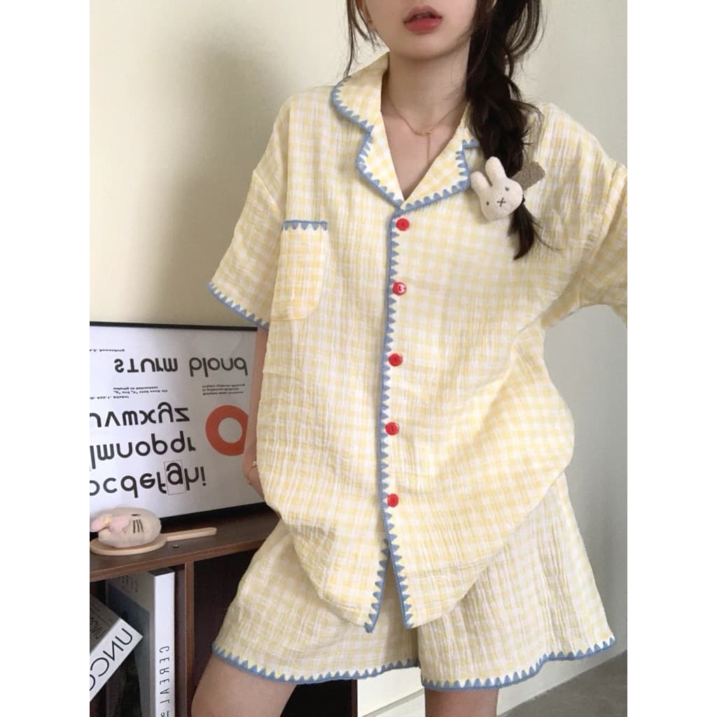 SẴN [BIGSIZE L-3XL] Bộ Đồ Ngủ Pijama Bigsize Nữ Tay Ngắn Kẻ Sọc Vàng Phối Viền Xanh Nổi Bật