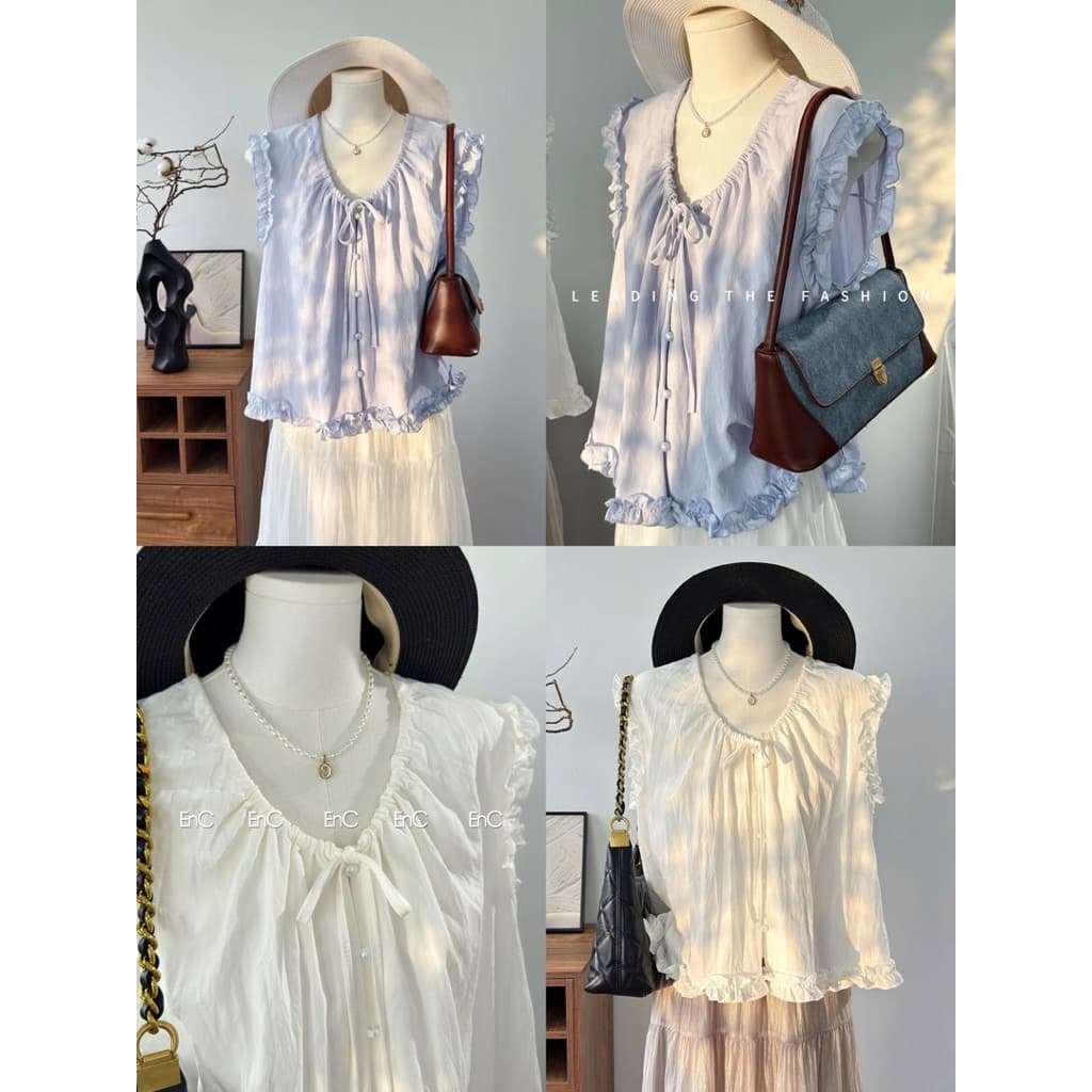 [BIGSIZE L-4XL] Áo Sơ Mi Cọc Tay Bigsize Nữ Màu Trắng Xanh Pastel Phối Viền Ren Hàn Quốc