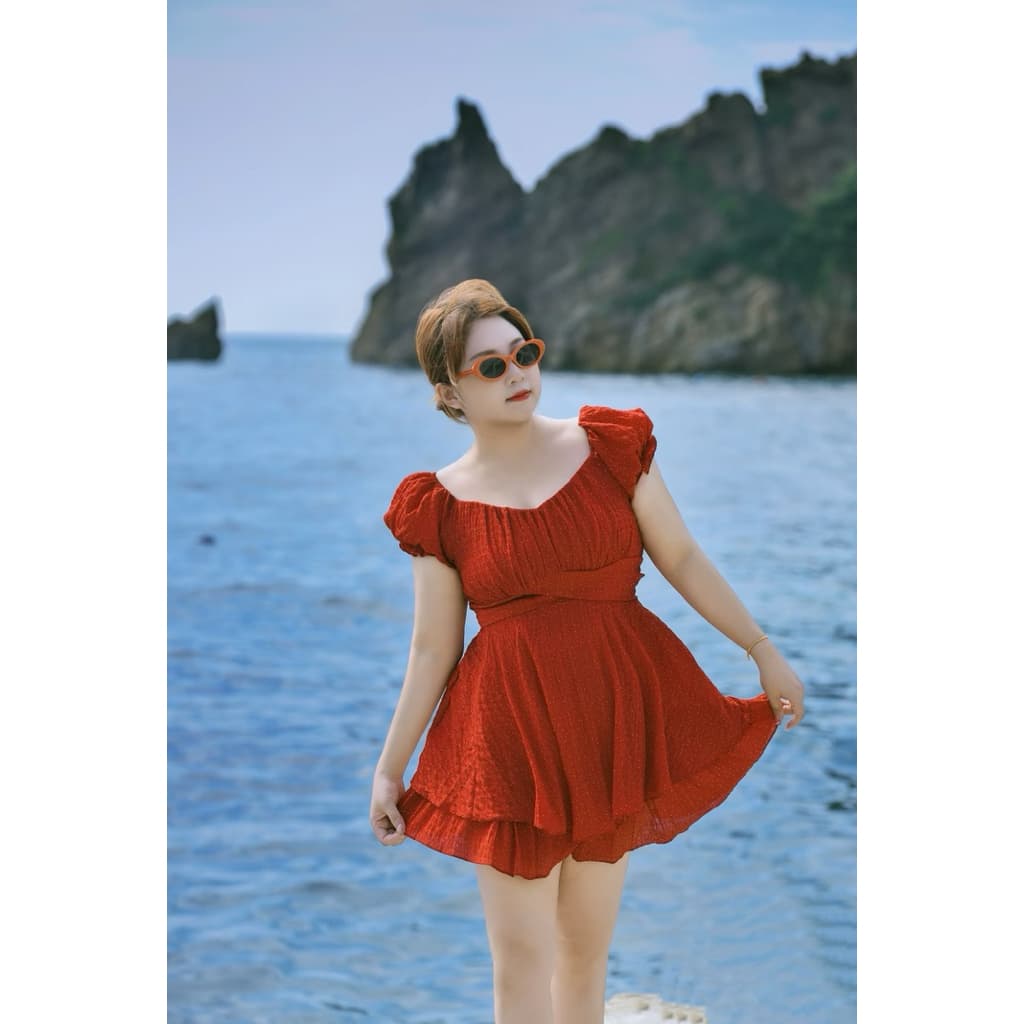 [BIGSIZE L-4XL] Đầm Hoa Nhí Đỏ Bigsize Nữ Dáng Ngắn Bo Chun Co Giãn Tốt Thiết Kế Tay Phồng Mặc Được 2 Kiểu