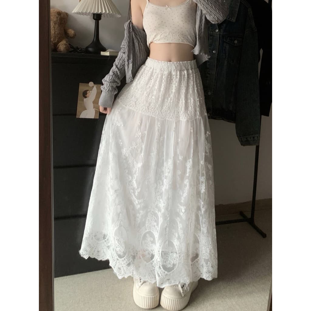 [BIGSIZE L-4XL] Chân Váy Midi Bigsize Nữ Dáng Dài Ren Thêu Form Xòe Cạp Chun Phong Cách Dịu Dàng Thanh Lịch