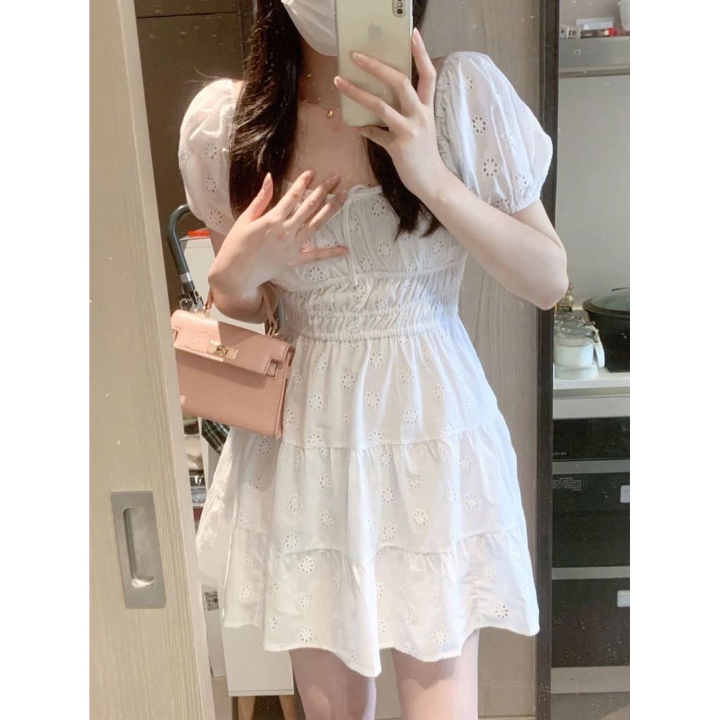 SẴN 23XL [BIGSIZE L-3XL] Đầm Tiểu Thư Bigsize Nữ Màu Trắng Xếp Tầng Cúp Ngực Thiết Kế Tay Phồng Nẹp Eo