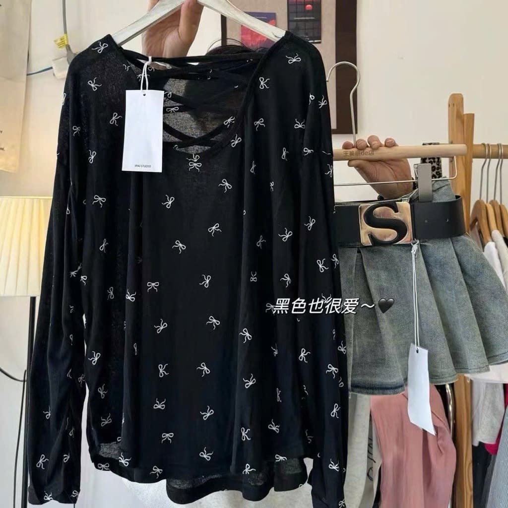 SẴN [BIGSIZE L-4XL] Áo Thun Mỏng Bigsize Nữ Dây Lưng Dài Tay Màu Trắng Xám Đen Hoạ Tiết Nơ Phong Cách Mới 2026