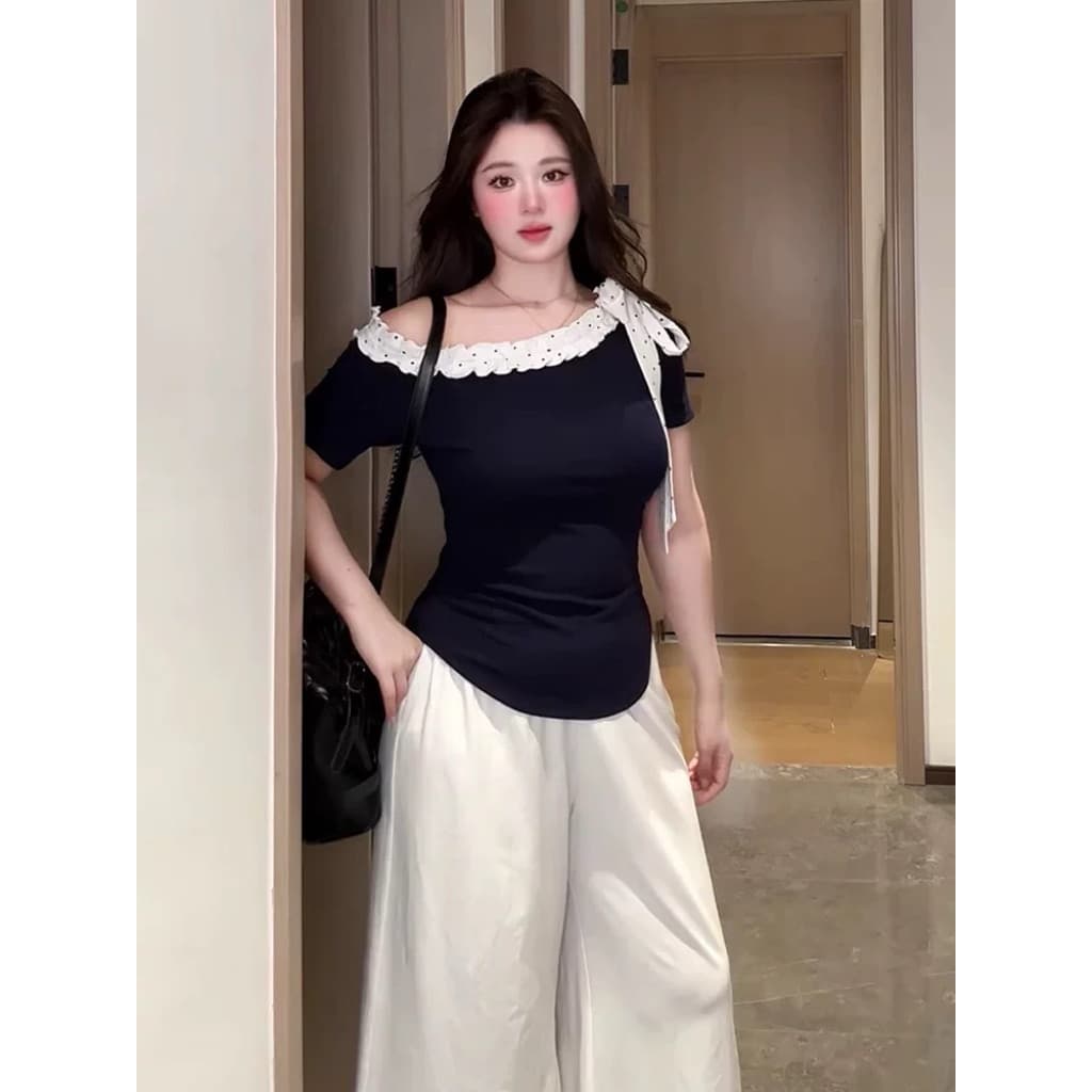 SẴN [BIGSIZE L-4XL] Áo Babytee Bigsize Nữ Lệch Vai Tay Ngắn Màu Xanh Navy Phong Cách Hàn Quốc