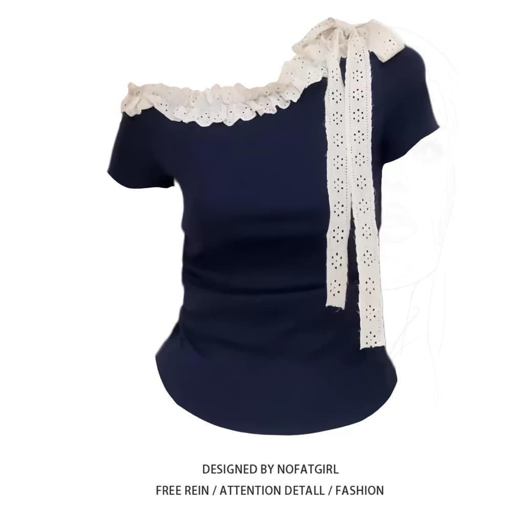 SẴN [BIGSIZE L-4XL] Áo Babytee Bigsize Nữ Lệch Vai Tay Ngắn Màu Xanh Navy Phong Cách Hàn Quốc