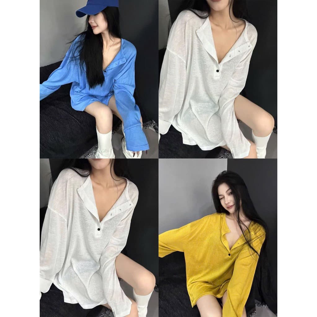 SẴN TRẮNG XANH[BIGSIZE L-4XL] Áo Thun Mỏng Bigsize Nữ Dài Tay Dáng Rộng Cổ Kèm Nút Màu Xanh Vàng Trắng