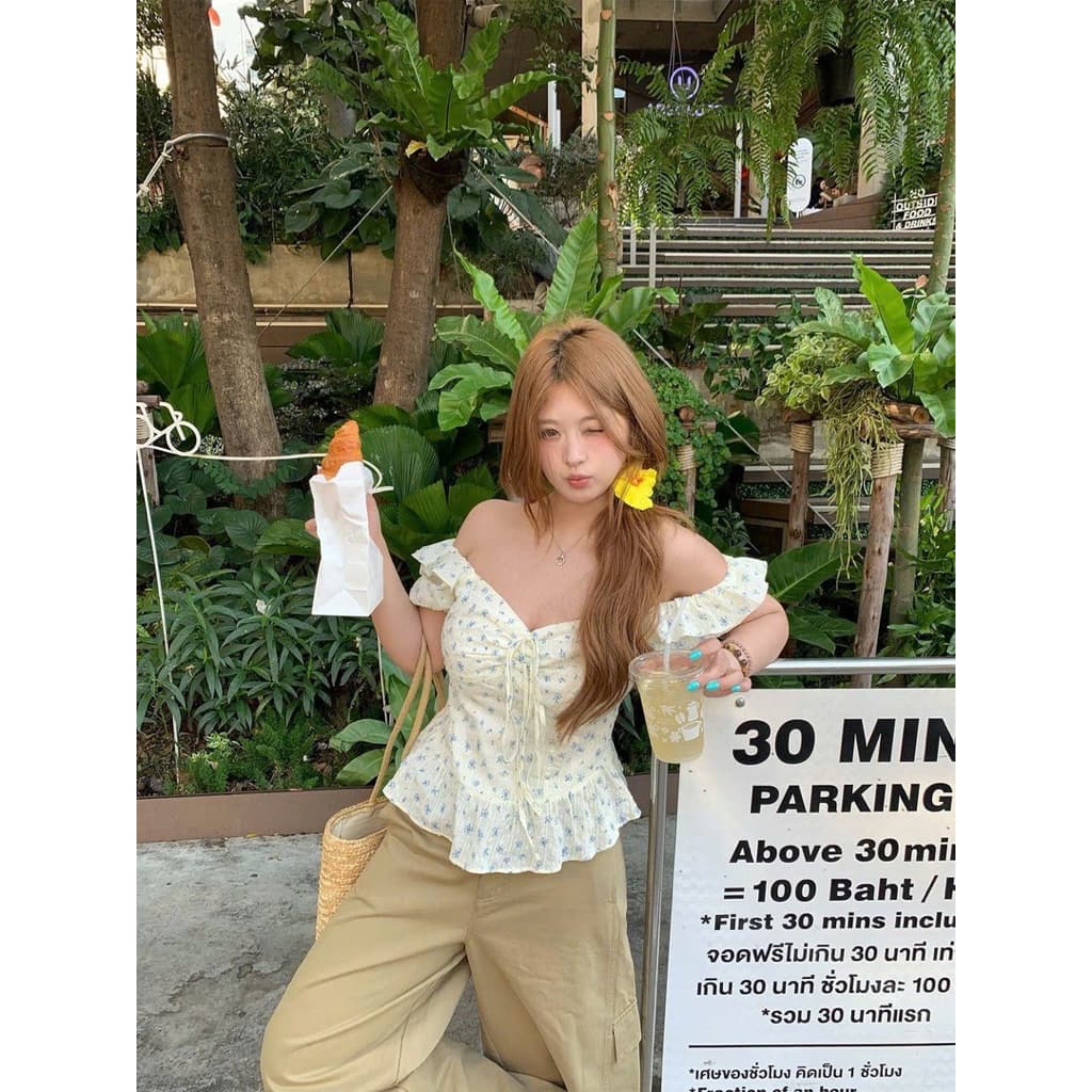 [BIGSIZE L - 4XL] Áo Trễ Vai Bigsize Nữ Màu Trắng Hoa Nhí Tay Ngắn Cúp Ngực Phong Cách Sexy Tiểu Thư Mùa Hè 2026