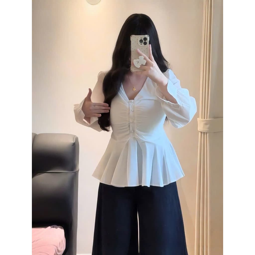 [BIGSIZE L - 4XL] Áo Babydoll Bigsize Nữ Dài Tay Cổ Chữ V Màu Trắng Nữ Tính Tiểu Th