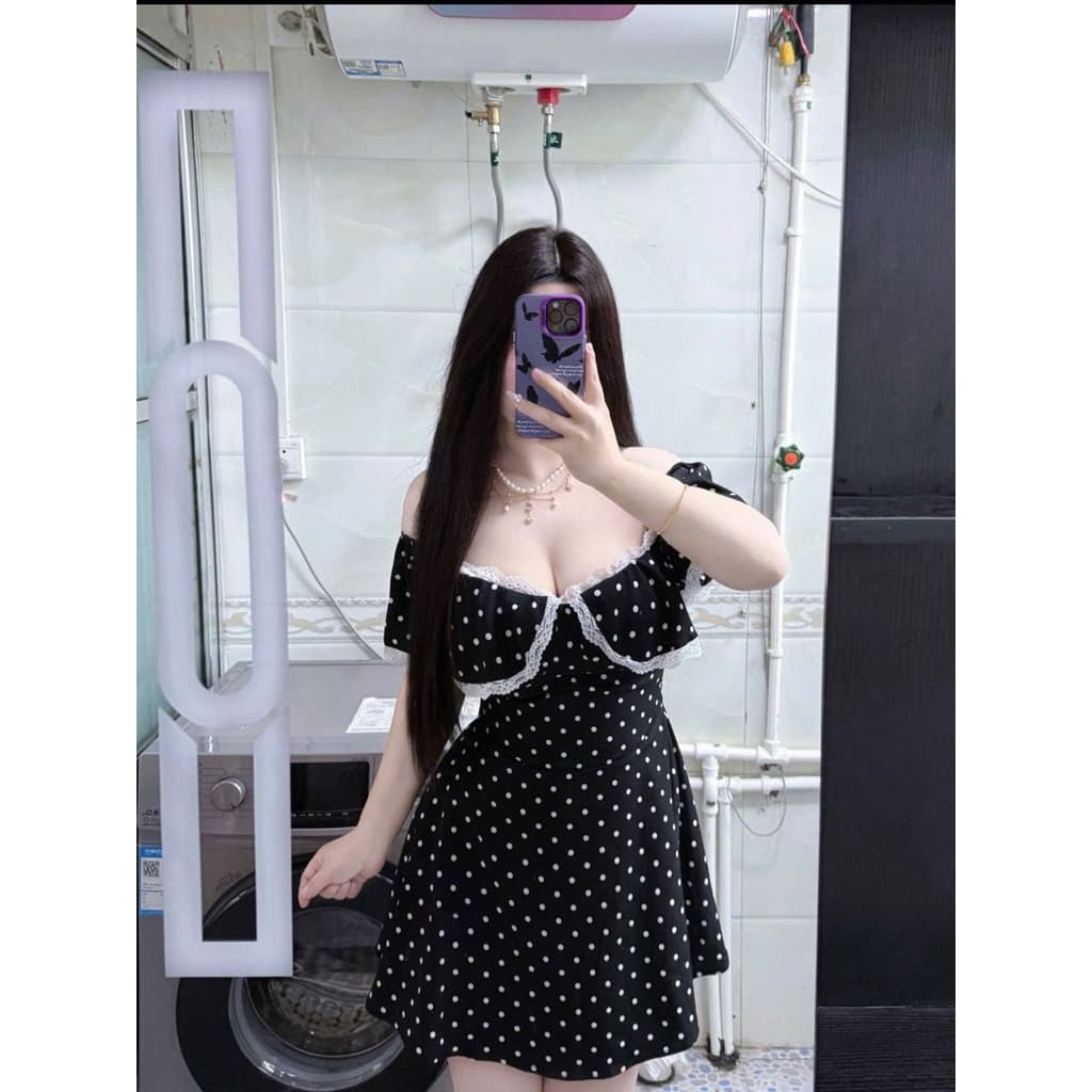 SẴN [BIGSIZE L-4XL] Đầm Trễ Vai Bigsize Nữ Dáng Ngắn Màu Đen Chấm Bi Tôn Dáng Sang Chảnh Hottrend 2026