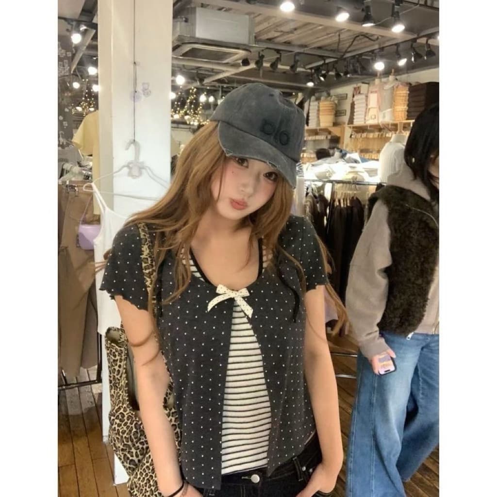 SẴN [BIGSIZE L-4XL] Áo Thun Bigsize Nữ Thiết Kế Hai Mảnh Hoạ Tiết Chấm Bi Phối Kẻ Sọc Màu Xám Trắng