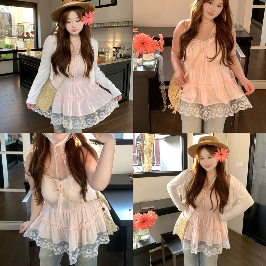 SẴN [BIGSIZE XL-5XL] Áo 2 Dây Bigsize Nữ Màu Hồng Pastel Phối Ren Trắng Nữ Tính Ngọt Ngào