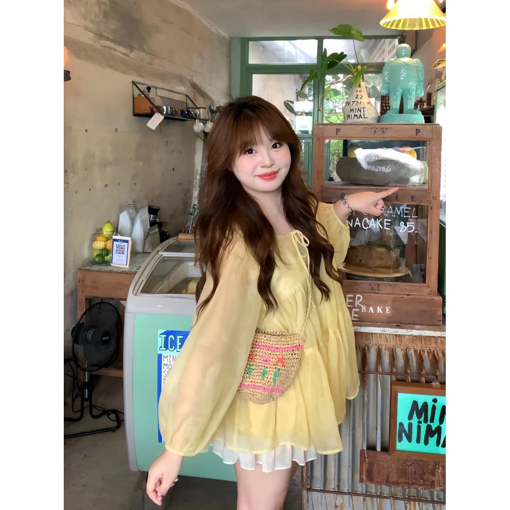 [BIGSIZE L-4XL] Áo Babydoll Bigsize Voan Mỏng 1 Lớp Thiết Kế Màu Vàng Chanh Xinh Tươi